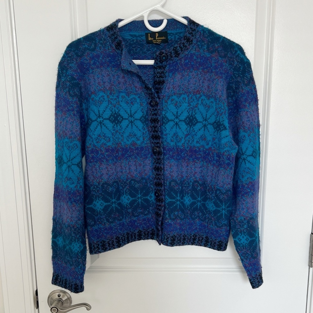 Leo Peressi vintage blue purple cardigan sweater 100% alpaca wool Peru